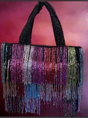 NWT Handcrafted In India Multicolored Fringe Beaded Handbag small
